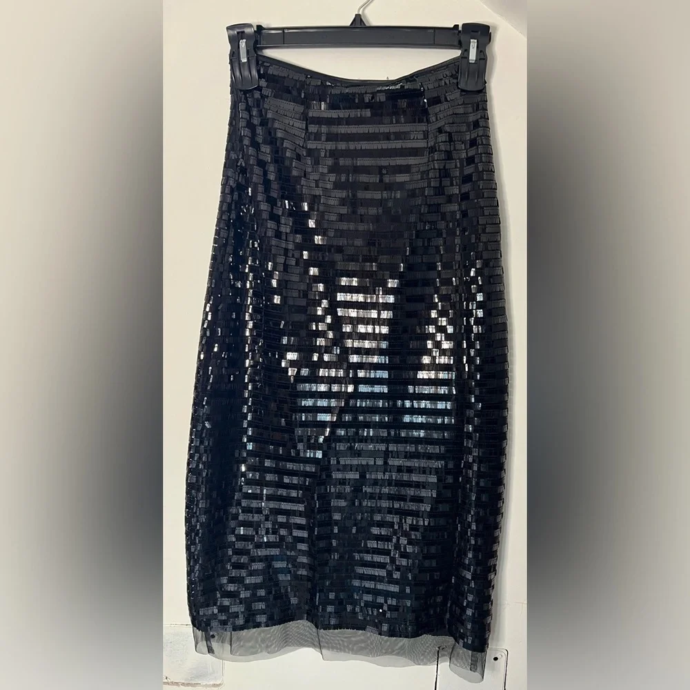 Le AL.X Black Sequin Knit High Rise Sheath Slip Midi Skirt Size 0 NWT
